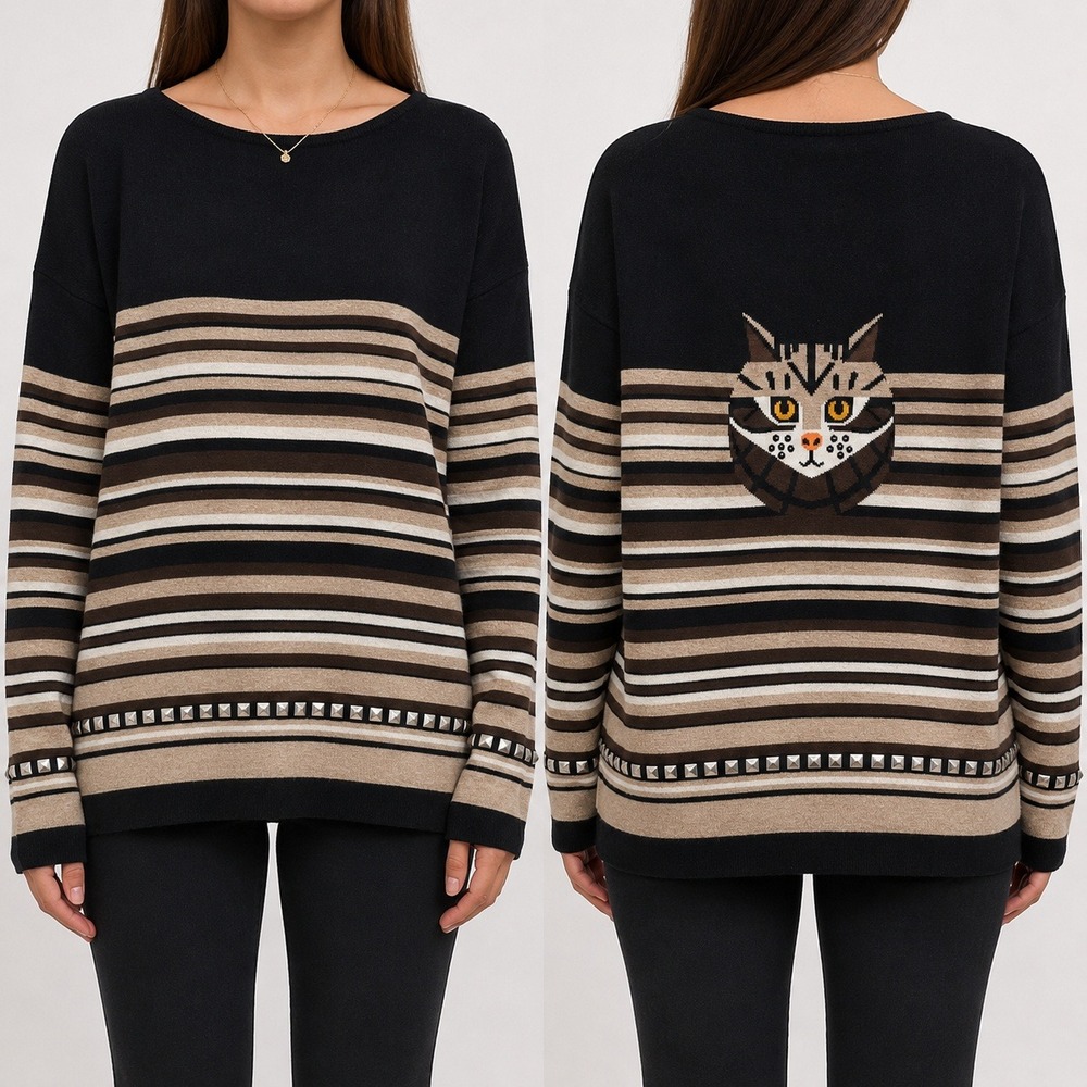 Lisa Todd Womens XL Cat Graphic Striped Studded Cotton Cashmere Sweater Black